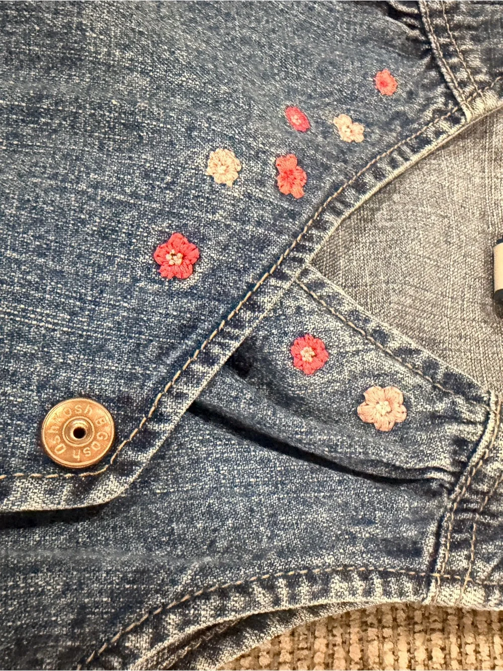 OshKosh B'gosh Denim Overall Dress Floral Embroidery Ruffle Hem Wrap Snap 18 mth
